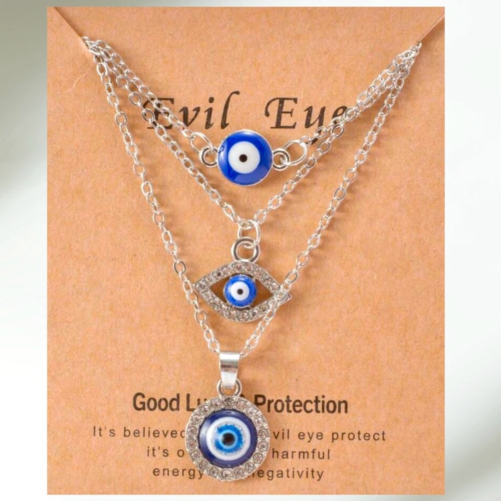 Evil Eye Silver and Blue Necklace Set